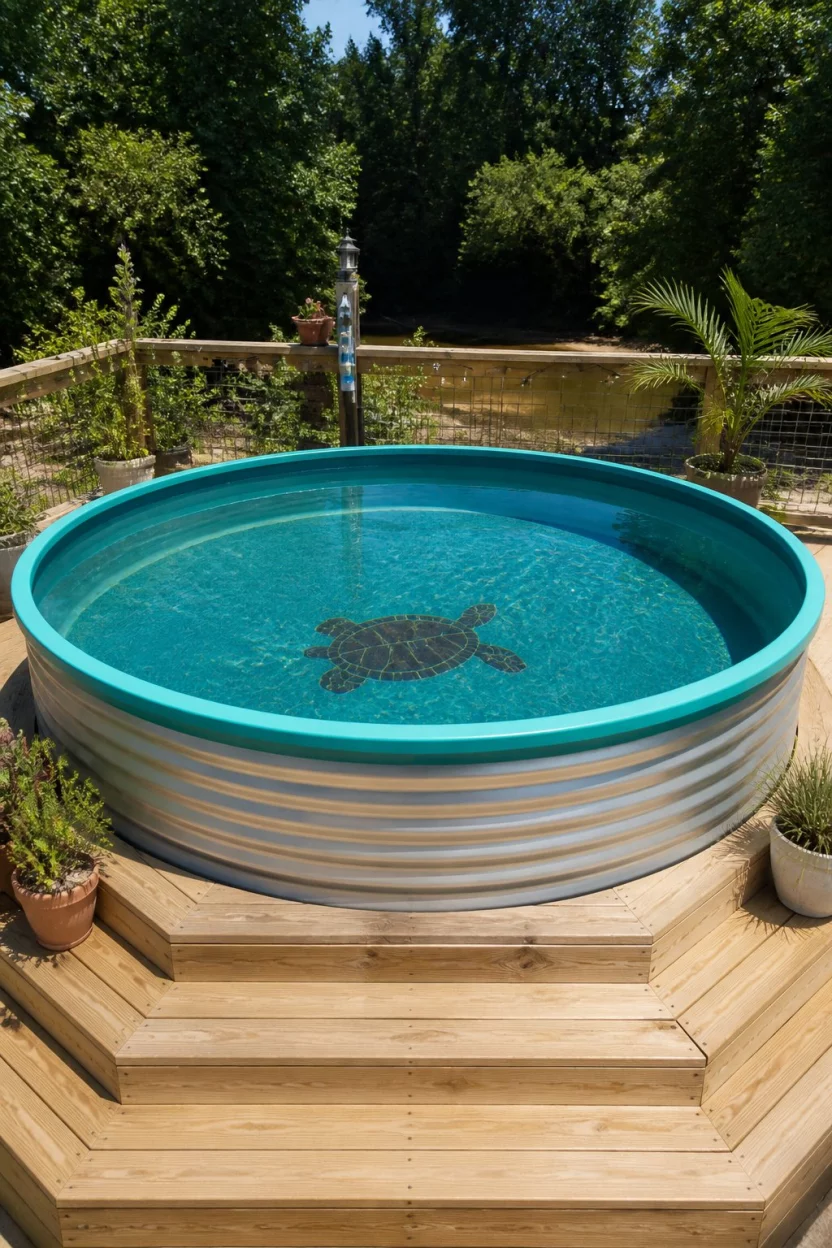 Turquoise Rim Elevation A realistic photo of a large stock tank pool on a wooden step platform featuring a bright turquoise painted rim and a turtle design on the bottom.