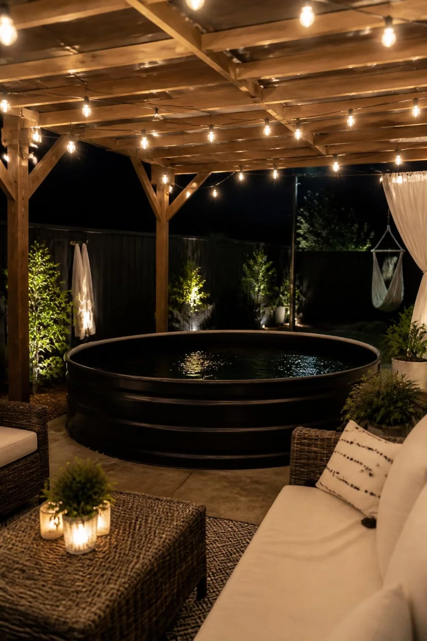 Intimate Pergola Evening A realistic photo of a dark backyard at night featuring a black sided stock tank pool under a wooden pergola with glowing bulbs and comfortable rattan furniture.
