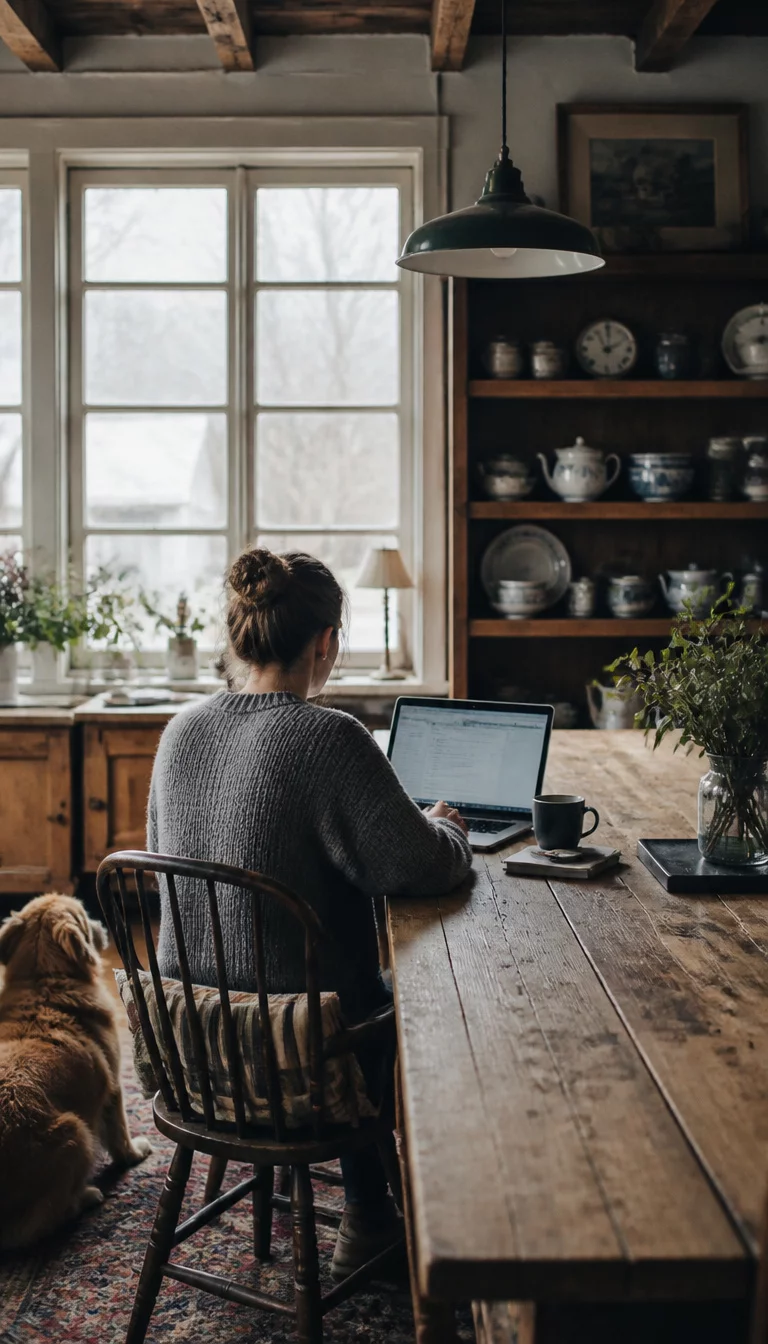 A realistic photo of a person working on a laptop at a rustic wooden table in a cozy room with a dog, facing windows and shelves filled with vintage dishes.