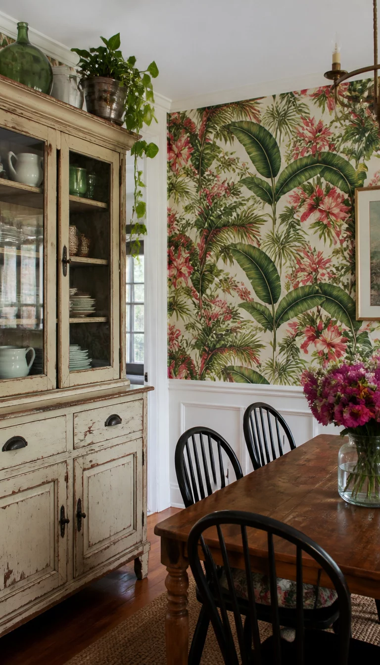 A realistic photo of a dining room interior showing a distressed vintage hutch on one side and a vibrant wall covered in tropical wallpaper on the other to show style contrast.