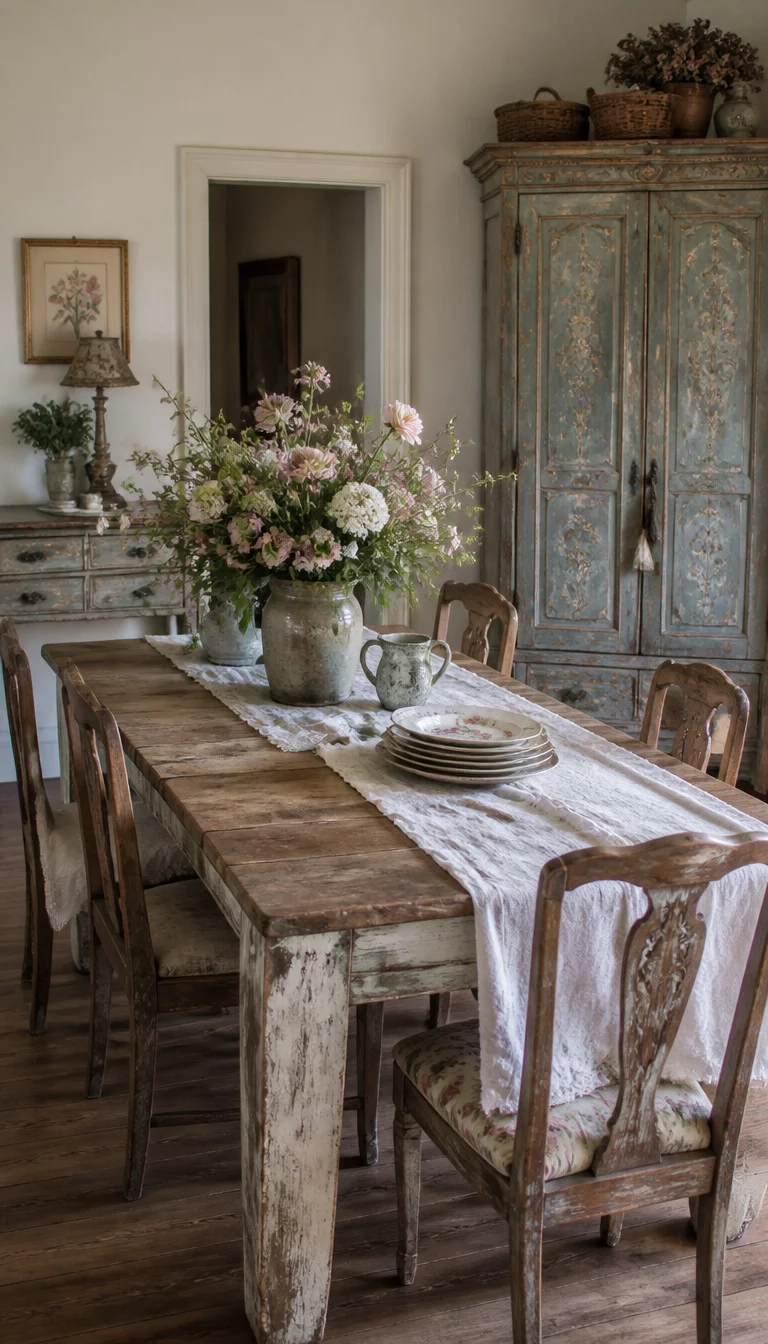 A realistic photo of a rustic dining room with heavily distressed wooden furniture, including a large farmhouse table and an ornate armoire, adorned with delicate floral arrangements and textiles.