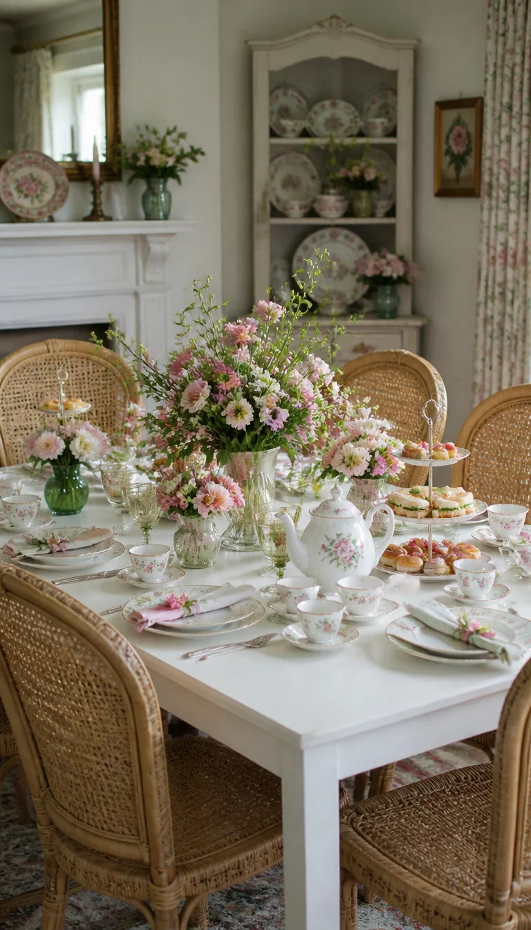 A realistic photo of a charming dining room decorated for a spring tea party with abundant floral arrangements, a white table, and vintage wicker chairs.