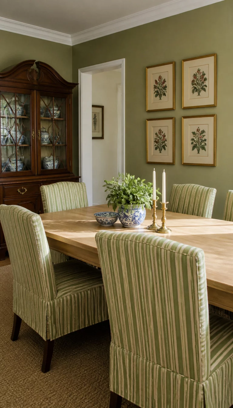 A realistic photo of a dining room with green striped chairs surrounding a light wood table, featuring a classic wooden cabinet and vintage botanical prints displayed on the wall.