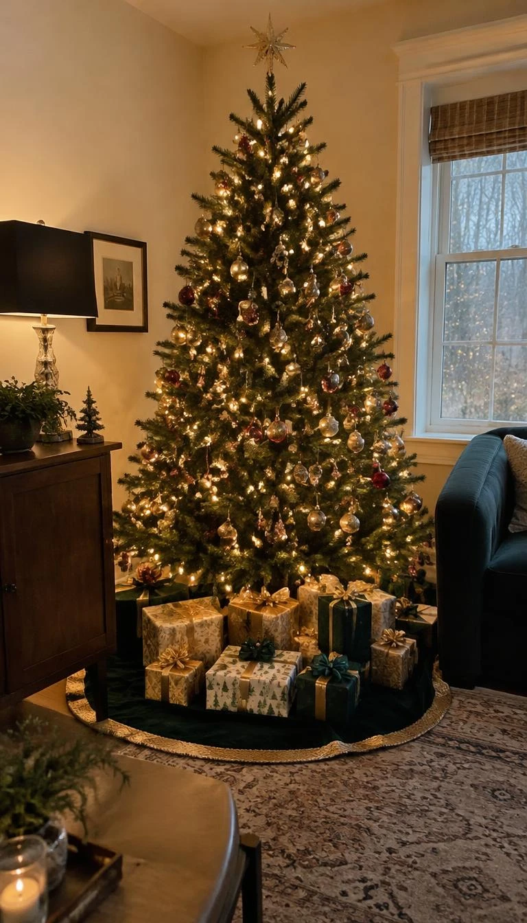 Ground the Base with a Padded Quilted Tree Skirt A candid, realistic iPhone photograph of a living room with a Christmas tree, base covered with a thick quilted velvet tree skirt in dark green and gold, wrapped presents resting neatly on top.