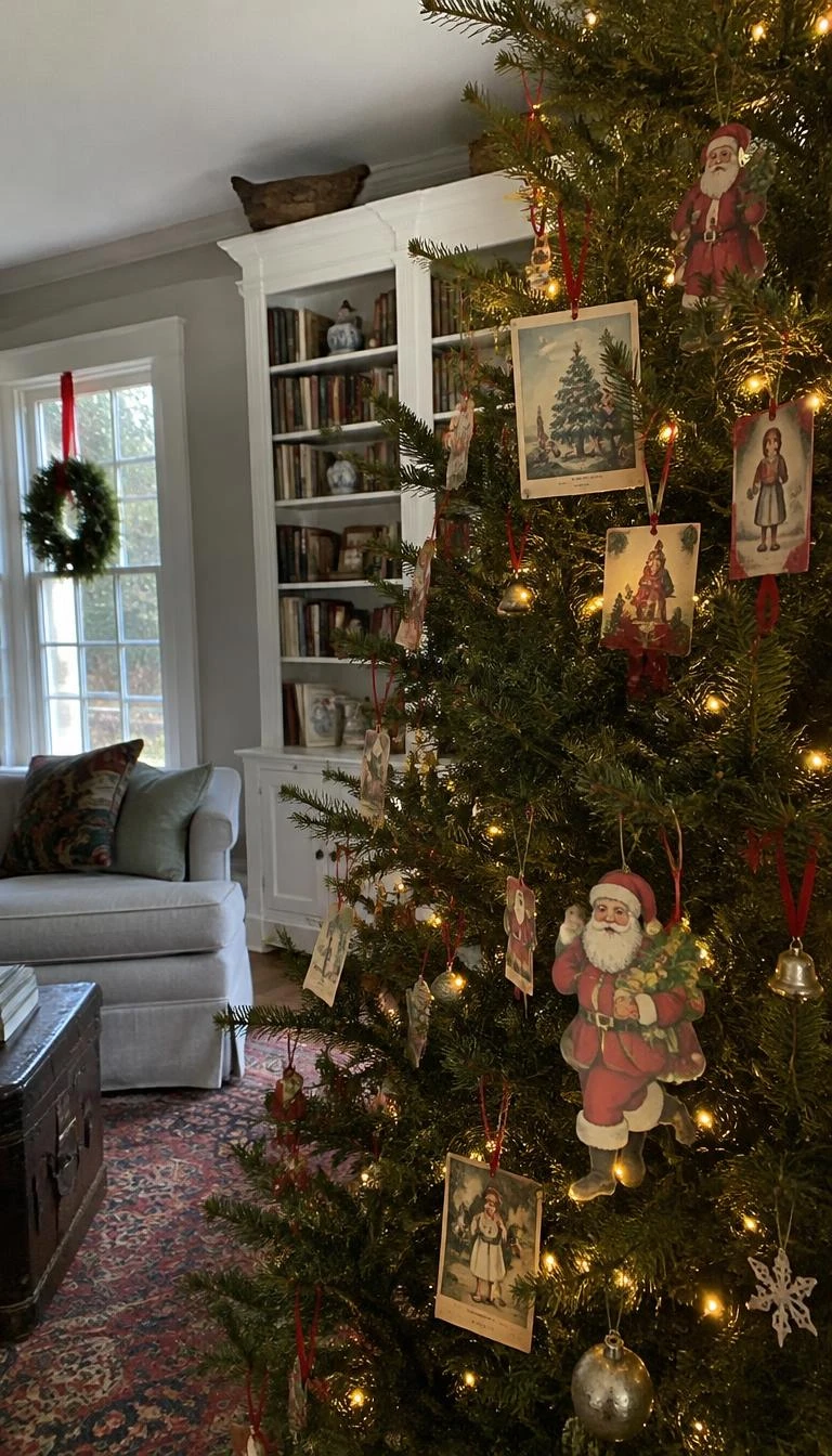 Hang Victorian Paper Cutouts and Die Cut Santas A candid, realistic iPhone photograph of a living room with a Christmas tree, vintage paper die cut Santa ornaments and Victorian postcards hanging by red ribbons on pine needles, gentle natural light.