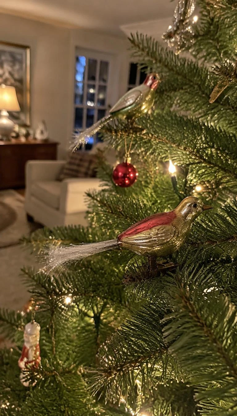 Group Blown Glass Clip On Birds on Outer Tips A candid, realistic iPhone photograph of a living room with a Christmas tree, featuring vintage blown glass clip on birds with spun glass tails perched on green fir branches, warm indoor lighting, soft focus background.