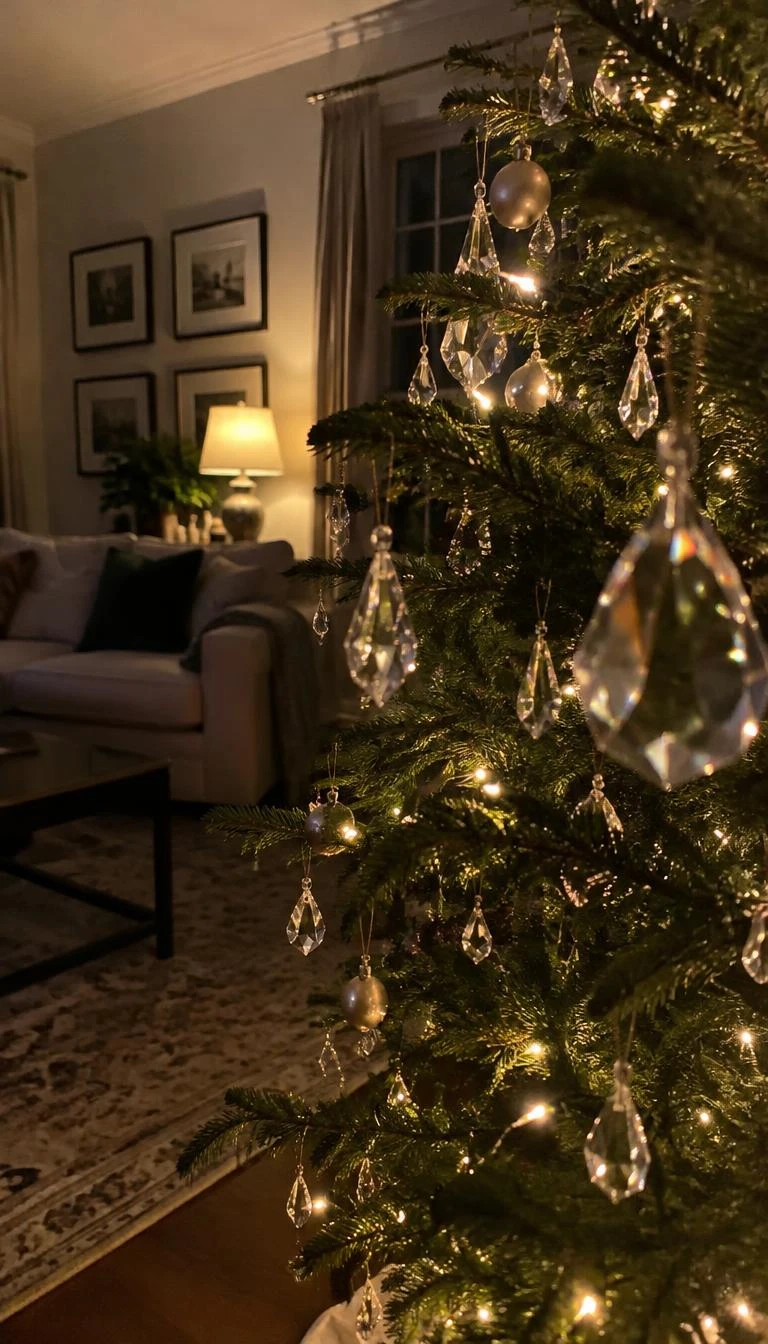 Arrange Clear Glass Drop Crystals to Catch Pine Needles A candid, realistic iPhone photograph of a living room with a Christmas tree, faceted glass drop crystals hanging from branch ends, refracting warm yellow lamplight into rainbow accents, evening living room.