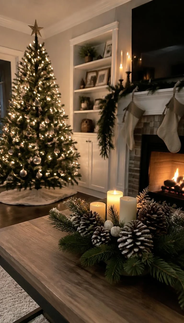Add Frosted Pinecones Gathered with Floral Wire A candid, realistic iPhone photograph of a living room with a Christmas tree, natural pinecones dusted with white paint and bound by wire, nestled securely inside natural pine boughs, warm fireplace glow nearby.
