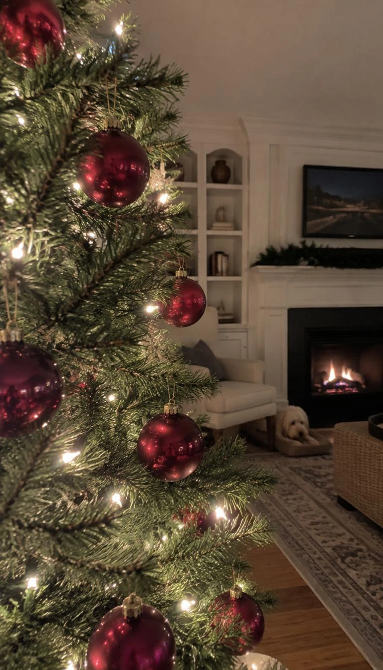 Layer Cranberry Glass Balls Between Branch Gaps A candid, realistic iPhone photograph of a living room with a Christmas tree, translucent cranberry glass round ornaments catching interior lights, surrounded by deep green pine needles, warm holiday evening setting.