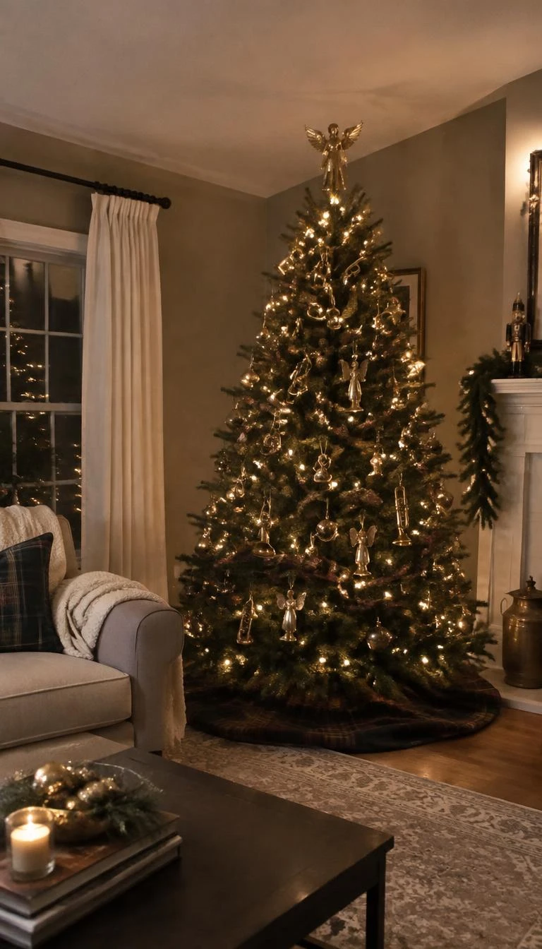 Mix Gold Angel Ornaments with Brass Trumpets A candid, realistic iPhone photograph of a living room with a Christmas tree, decorated with polished brass trumpet miniatures and spun gold angel ornaments, reflecting golden holiday lights in a quiet evening living space.