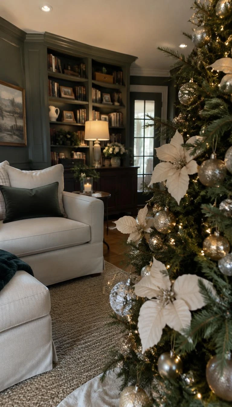 Fasten White Poinsettia Silk Flowers to Branch Junctions A candid, realistic iPhone photograph of a living room with a Christmas tree, creamy white silk poinsettia blooms tucked into dark evergreen boughs, soft velvet texture, cozy library background.