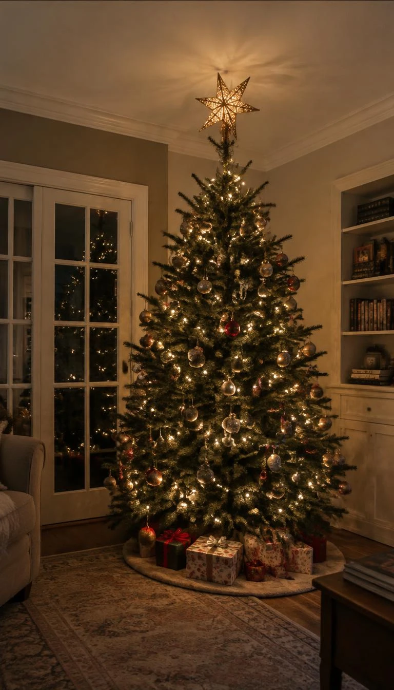Place a Pierced Brass Star at the Crown A candid, realistic iPhone photograph of a living room with a Christmas tree, an intricate pierced brass star topper glowing on the top pine spire, warm light shining through cut patterns, quiet evening room.