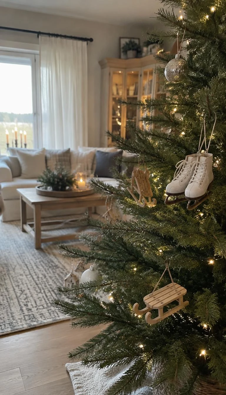 Thread Wooden Sled and Ice Skate Miniatures A candid, realistic iPhone photograph of a living room with a Christmas tree, tiny wooden sled ornaments and white leather miniature ice skates hanging from spruce branches, soft natural morning light.