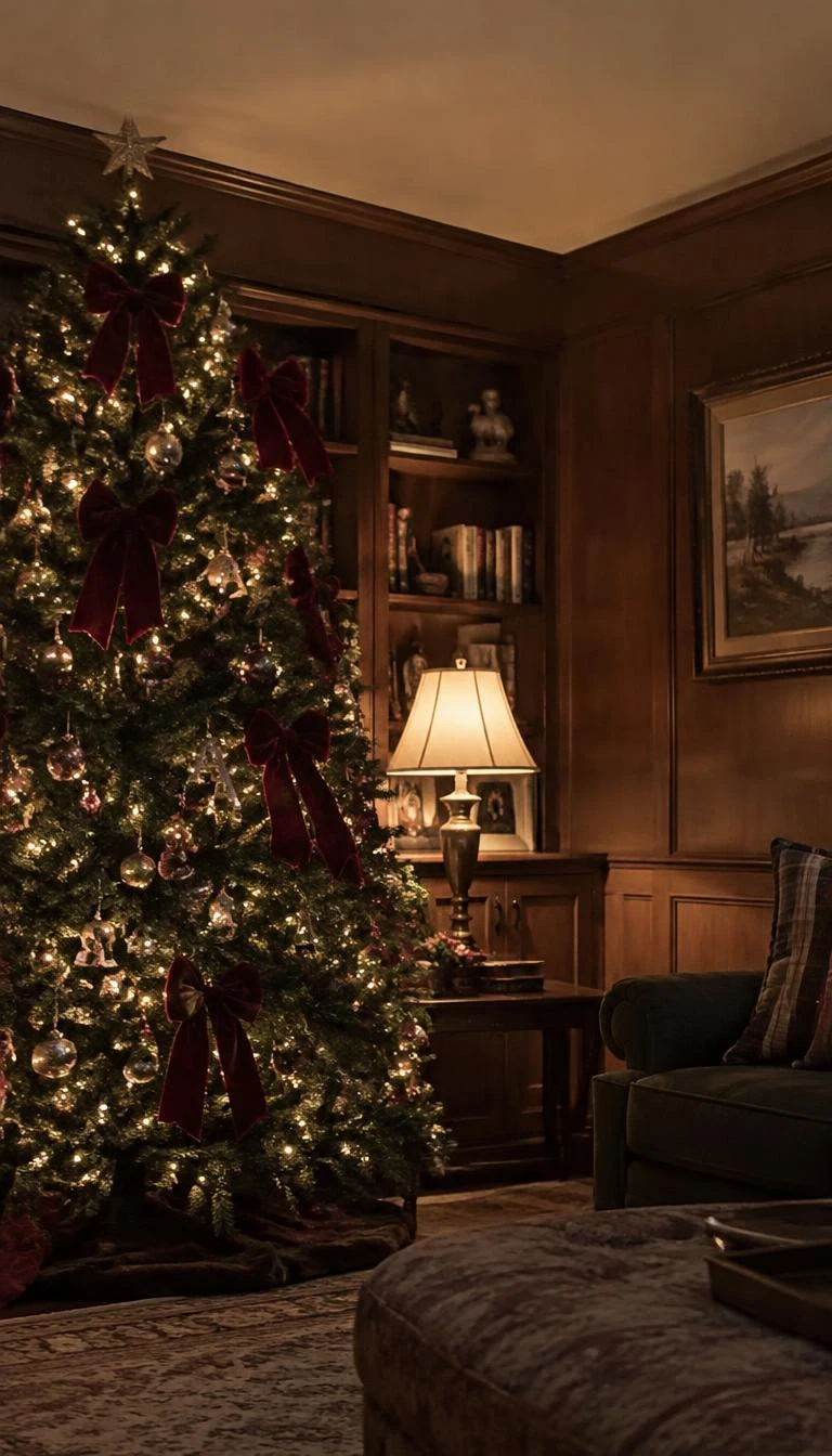Tuck Burgundy Velvet Ribbon Bows Near the Trunk A candid, realistic iPhone photograph of a living room with a Christmas tree, rich burgundy velvet bows tucked between dark green pine branches, warm ambient glow, wood paneled walls in the background.