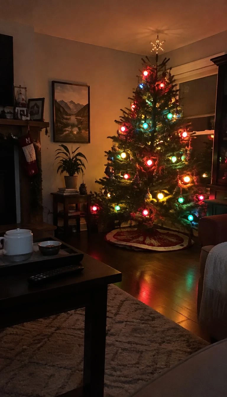 Hang Multicolored Ceramic C7 Bulb Strings A candid, realistic iPhone photograph of a living room with a Christmas tree, glowing warmly with large multicolored ceramic C7 lights, casting amber and green light onto a dark hardwood floor, soft evening shadows across the wall.