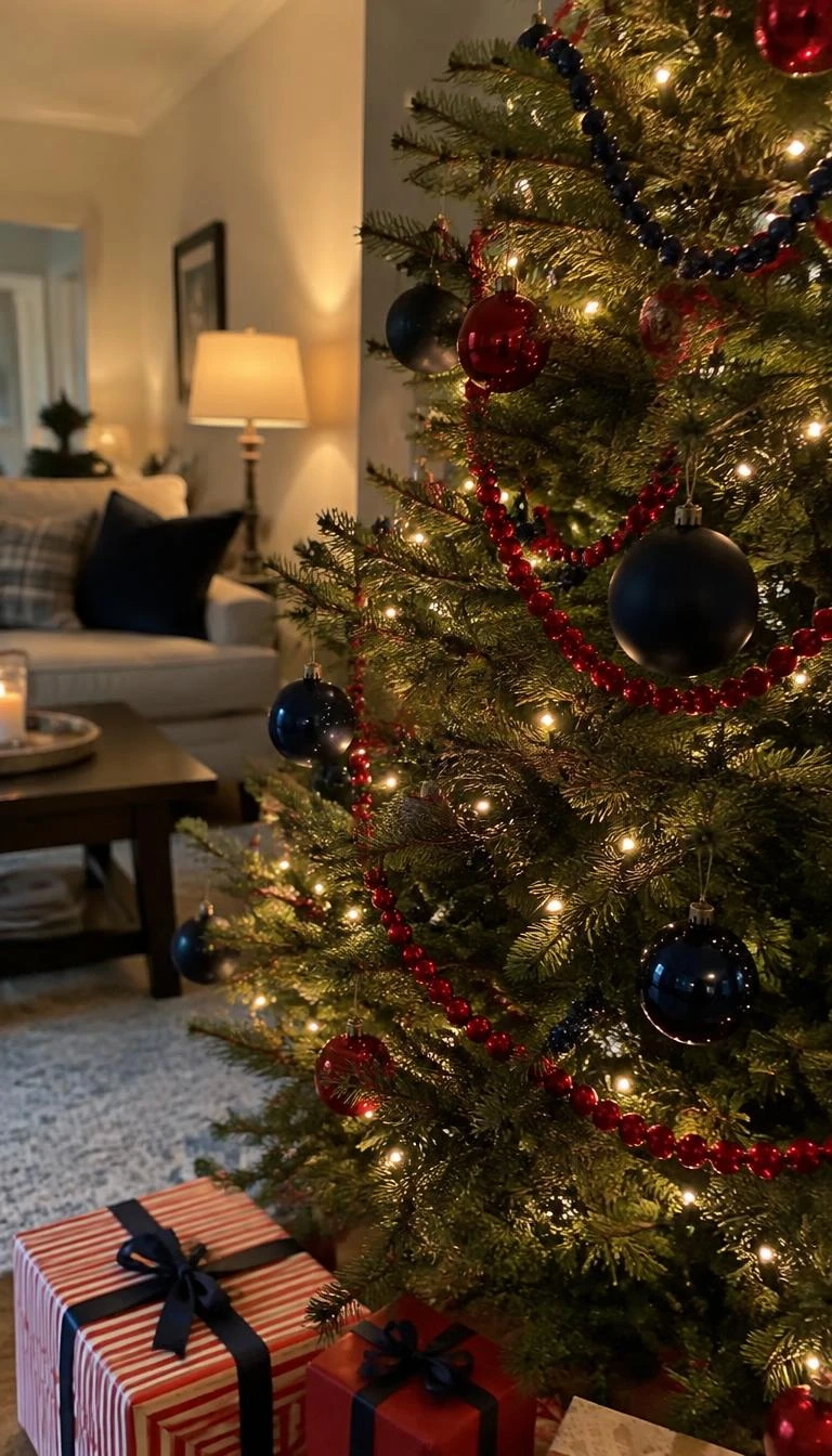 String Glossy Painted Wood Bead Ropes A candid, realistic iPhone photograph of a living room with a Christmas tree, glossy red and navy painted wooden bead garlands looped softly between green branches, warm indoor lamplight.