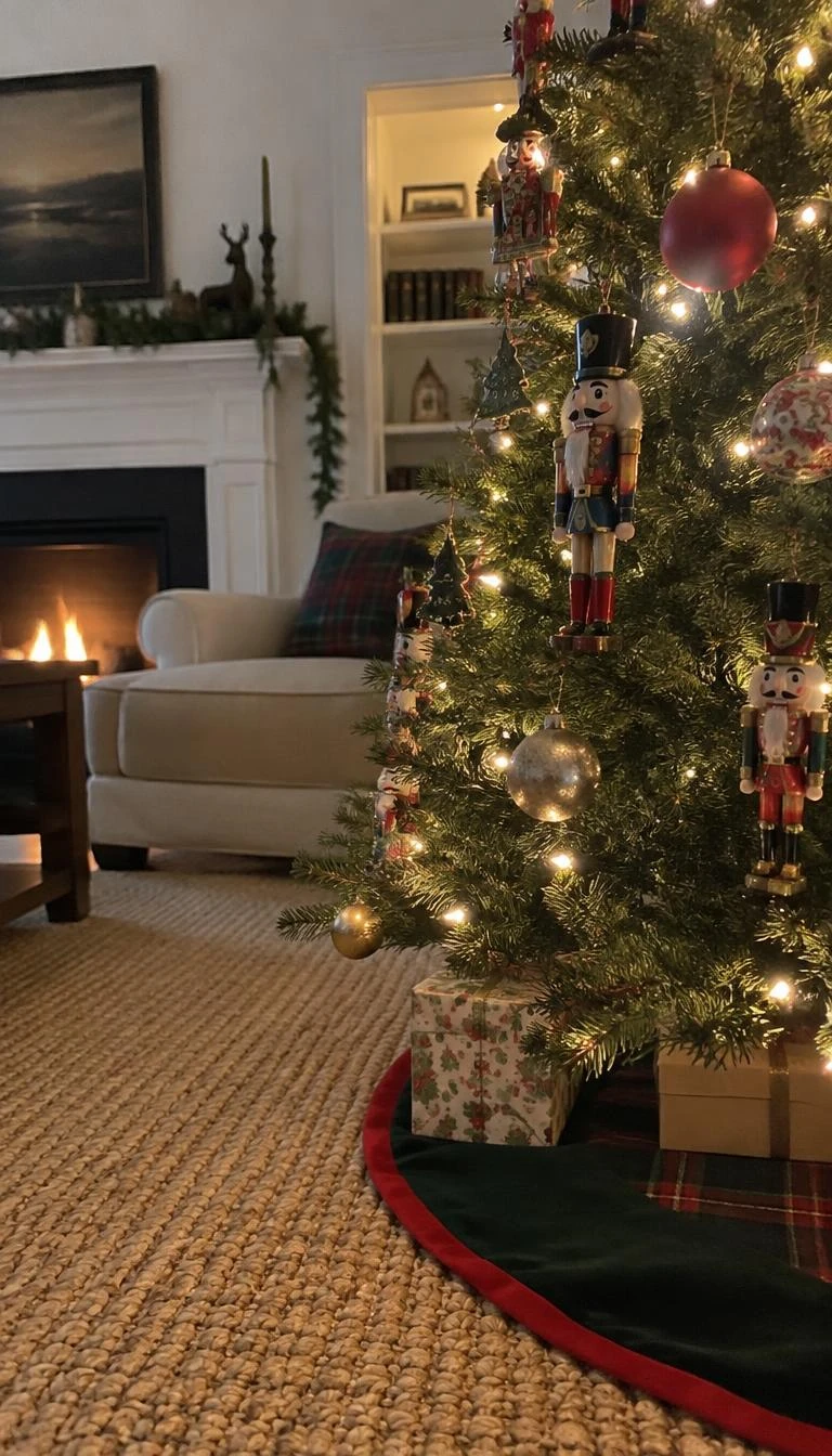 Scatter Wooden Painted Nutcrackers Across Lower Boughs A candid, realistic iPhone photograph of a living room with a Christmas tree, traditional painted wooden nutcracker ornaments hanging neatly on the sturdy lower boughs, warm living room setting with a wool rug.