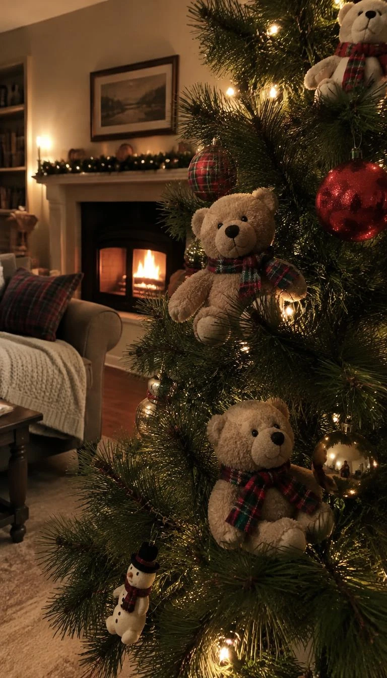 Nestle Plush Plaid Teddy Bears onto Sturdy Limbs A candid, realistic iPhone photograph of a living room with a Christmas tree, small plush teddy bears wearing plaid scarves sitting snugly on thick pine branches, cozy evening firelight in background.