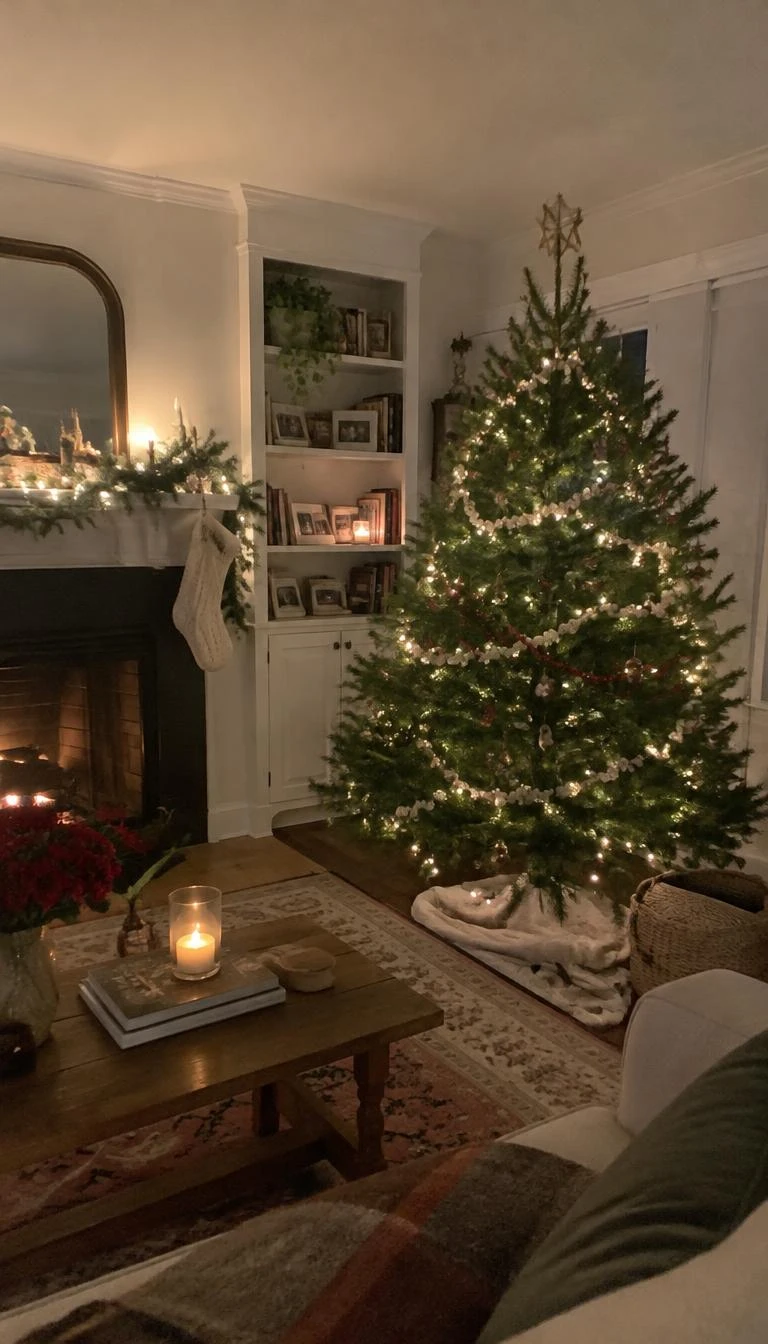 Drape Strands of Dried Cranberries and Popcorn A candid, realistic iPhone photograph of a living room with a Christmas tree, draped with homemade garlands of dark red dried cranberries and white popcorn, resting gently on thick pine needles, cozy warm interior.
