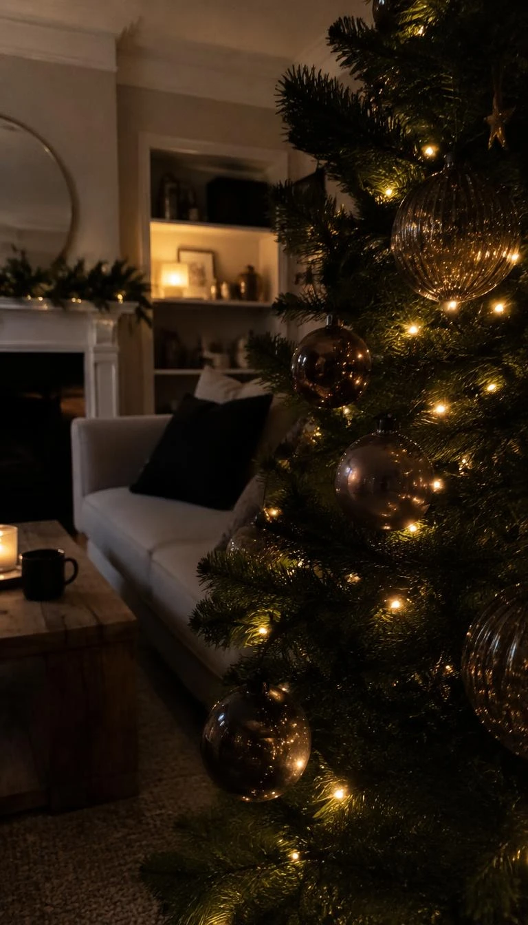 A candid, realistic iPhone photograph of a living room with a Christmas tree, highlighting smoked translucent glass baubles reflecting tiny amber fairy lights, dark shadows in the boughs, comfortable evening living space.