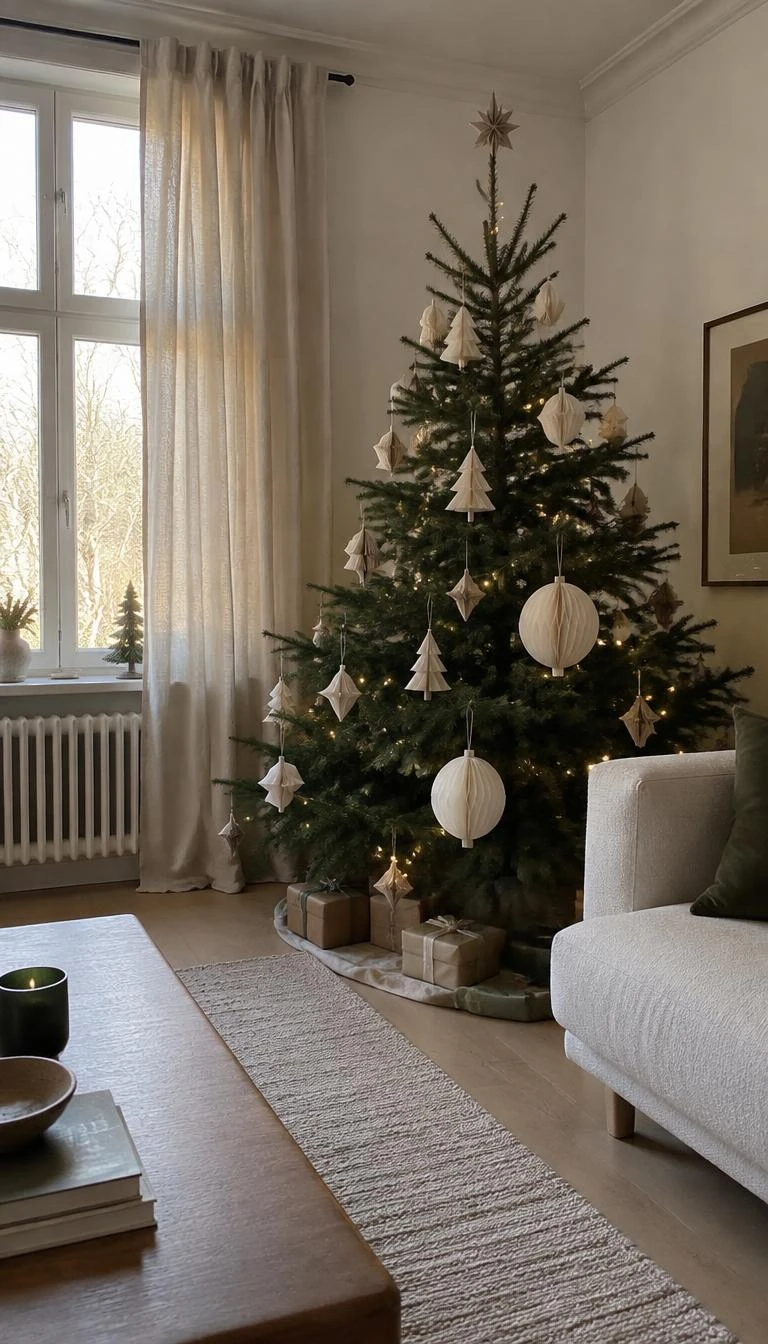 A candid, realistic iPhone photograph of a living room with a Christmas tree, decorated with round ivory honeycomb paper ornaments, simple paper pendants, soft morning light coming through a window, linen curtains.