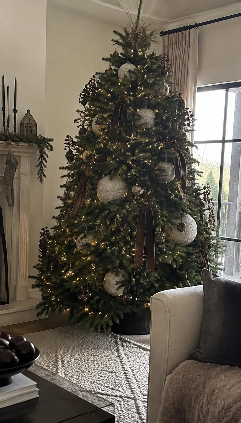 A candid, realistic iPhone photograph of a living room with a Christmas tree, showing big pale flocked baubles nestled inside the inner branches, dark exterior decorations, gentle daylight.