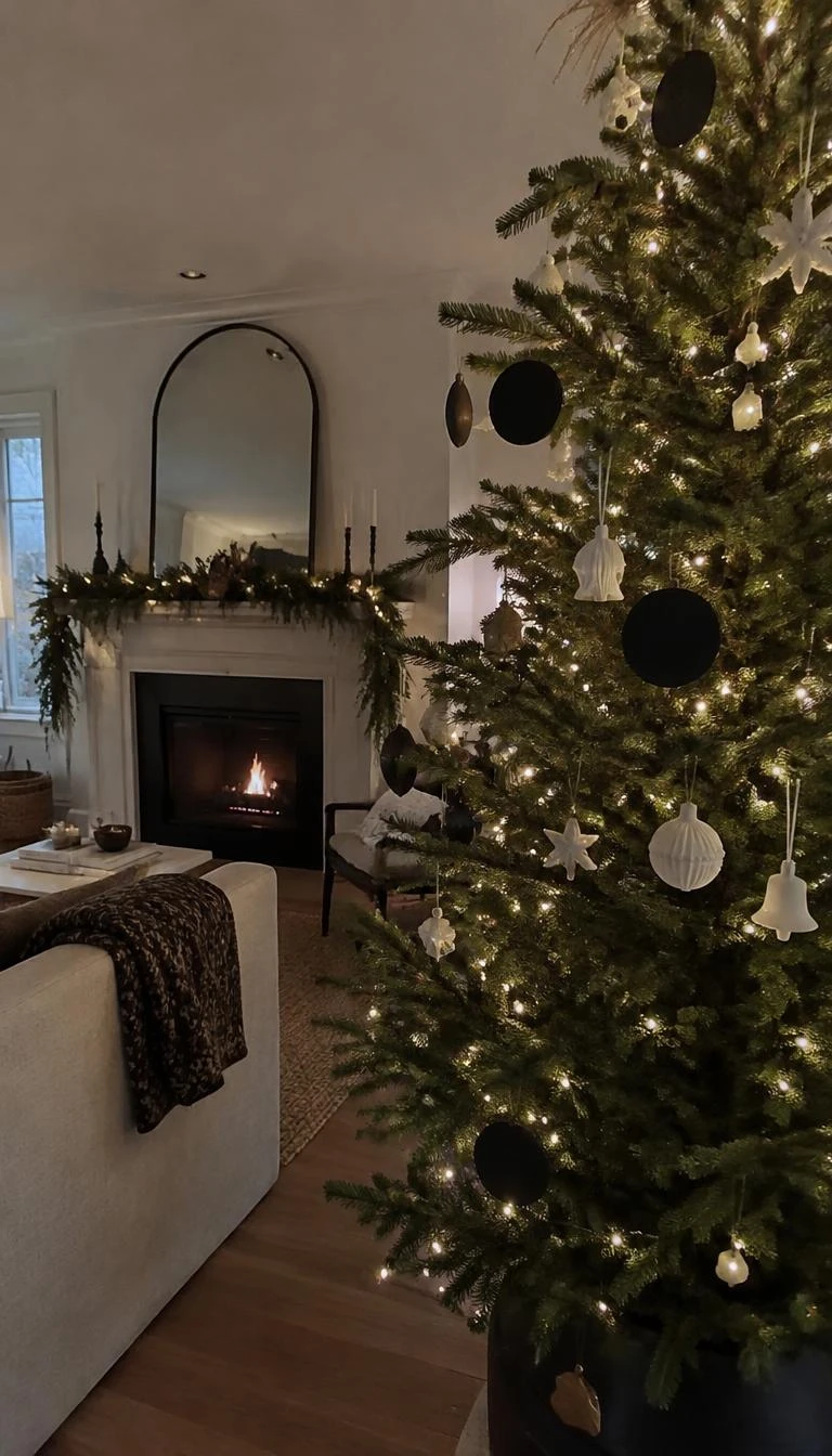 A candid, realistic iPhone photograph of a living room with a Christmas tree, featuring powdery white plaster ornaments mixed with flat black disk baubles on noble fir boughs, fireplace in background.