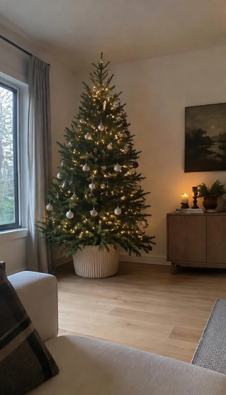 A candid, realistic iPhone photograph of a living room with a Christmas tree, showing the base set inside a large off white fluted ceramic planter, wide plank oak floors, neutral walls, quiet corner.