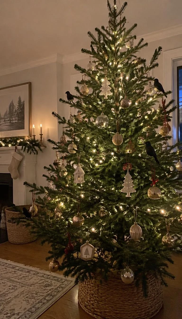 A candid, realistic iPhone photograph of a living room with a Christmas tree, featuring small black cast iron bird clips perched quietly on branch tips, warm soft illumination, subtle holiday mood.