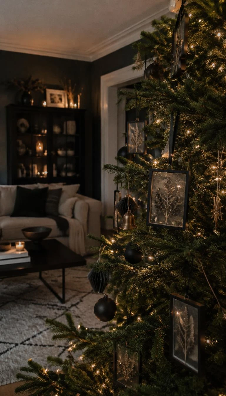 A candid, realistic iPhone photograph of a living room with a Christmas tree, featuring small black metal picture frames containing pressed dried winter grasses and ferns hanging from pine branches, moody interior.
