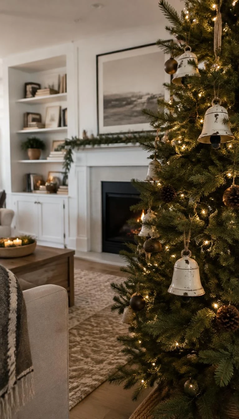 A candid, realistic iPhone photograph of a living room with a Christmas tree, decorated with rustic distressed white iron bells with dark metal clappers hanging on pine branches, quiet living space.