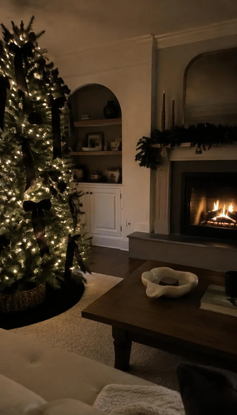 A candid, realistic iPhone photograph of a living room with a Christmas tree, decorated with soft ebony velvet bows and delicate cascading ties, warm fireplace light glowing on dark needles, cozy room.