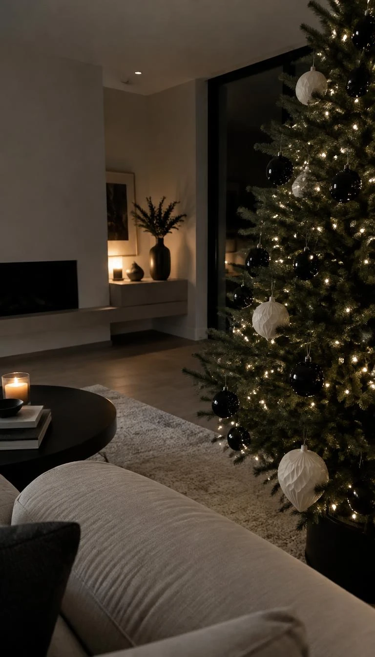 A candid, realistic iPhone photograph of a living room with a Christmas tree, displaying smooth jet black glass baubles beside rough white carved alabaster ornaments, evening light, minimal modern decor.