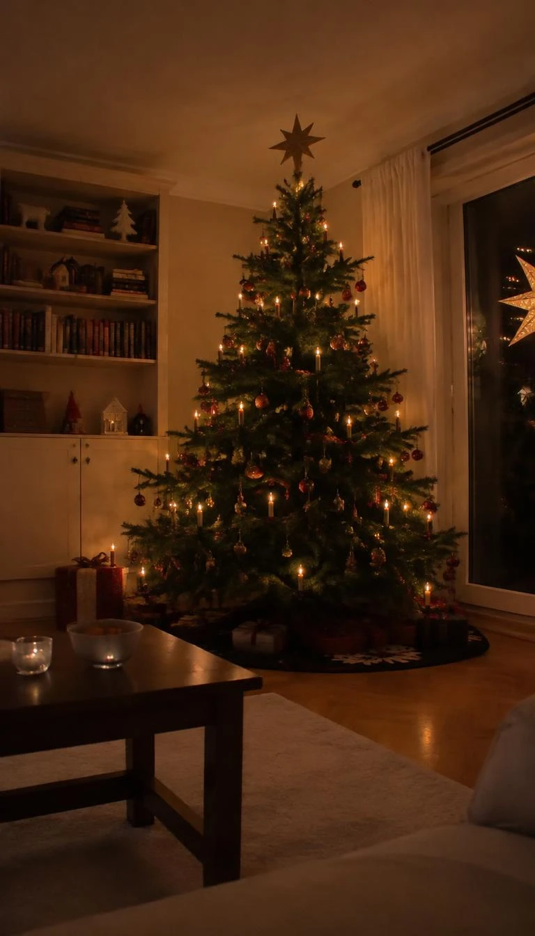 A candid, realistic iPhone photograph of a living room with a Christmas tree, featuring clip on candle lights with dark black stem bases and warm faux flame tips, cozy quiet evening room.