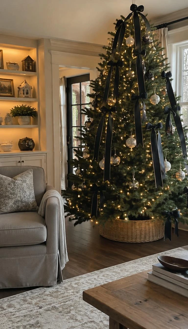 A candid, realistic iPhone photograph of a living room with a Christmas tree, showing long strips of dark charcoal linen ribbon cascading down evergreen branches, wooden floorboards, soft gray armchair nearby.