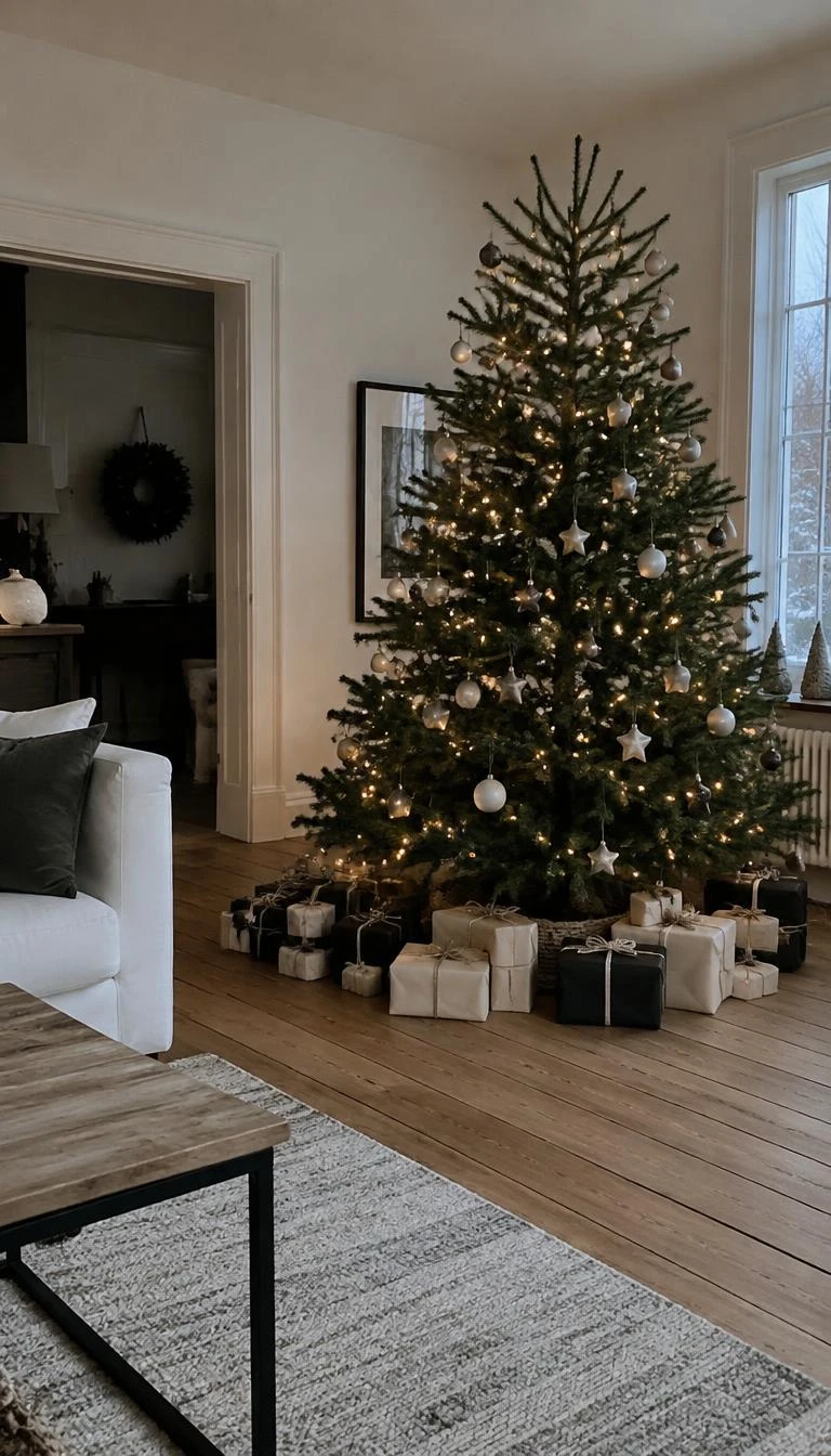 A candid, realistic iPhone photograph of a living room with a Christmas tree, showing presents wrapped in off white parchment paper and dark charcoal wrapping, tied with cotton twine, wooden floor.