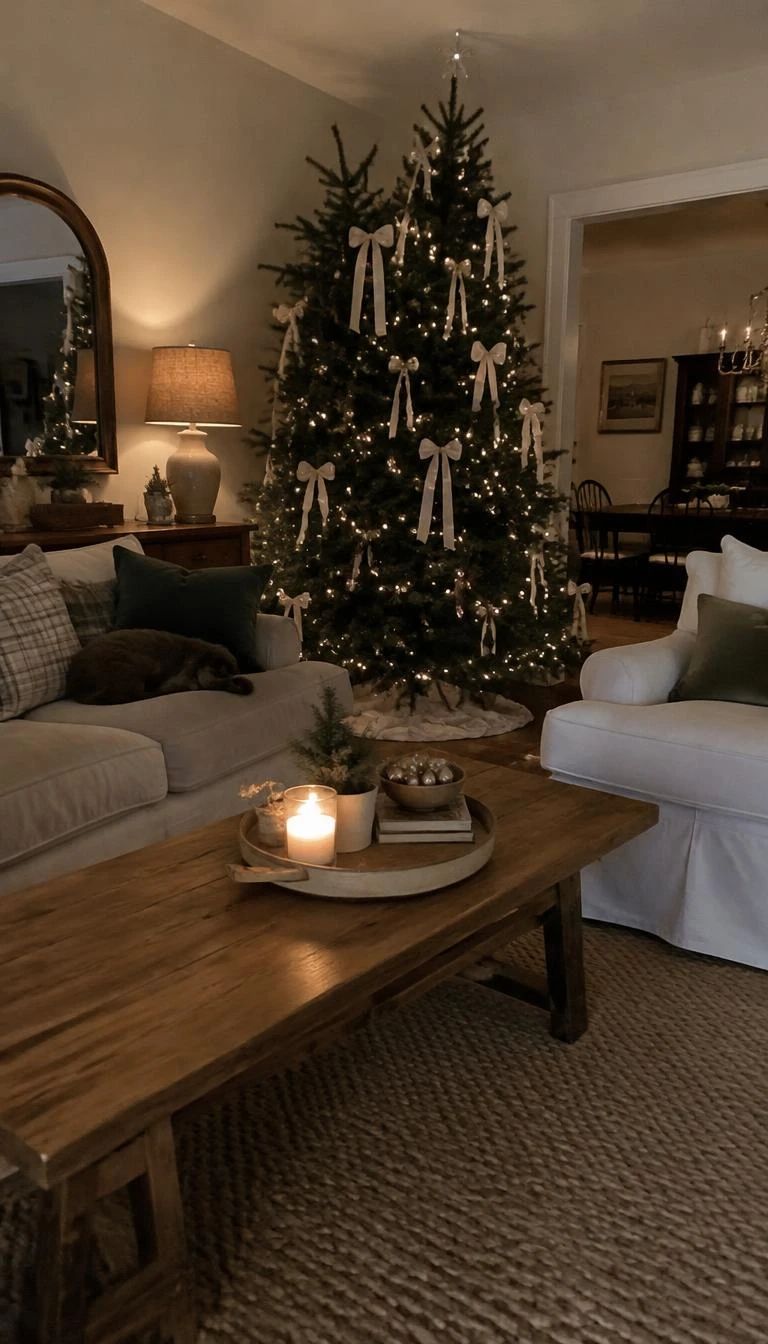 A candid, realistic iPhone photograph of a living room with a Christmas tree decorated with loosely tied ivory wool ribbons, dark pine needles, soft ambient glow from table lamps, neutral sofa, casual holiday setting.