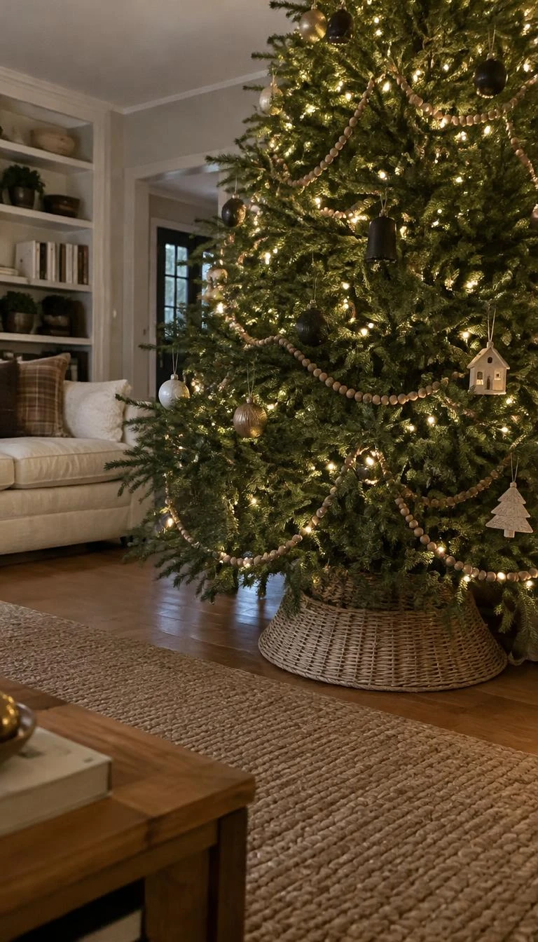 A candid, realistic iPhone photograph of a living room with a Christmas tree, showing dark stained wooden bead garlands draping softly across the heavy bottom branches, woven basket base, wool rug.