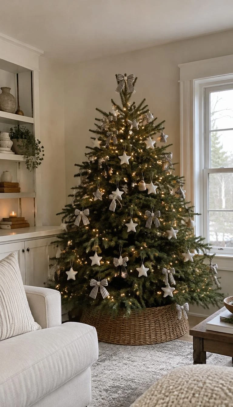 A candid, realistic iPhone photograph of a living room with a Christmas tree, showing small tick stripe cotton fabric bows in black and cream paired with white ceramic stars, neutral family room.
