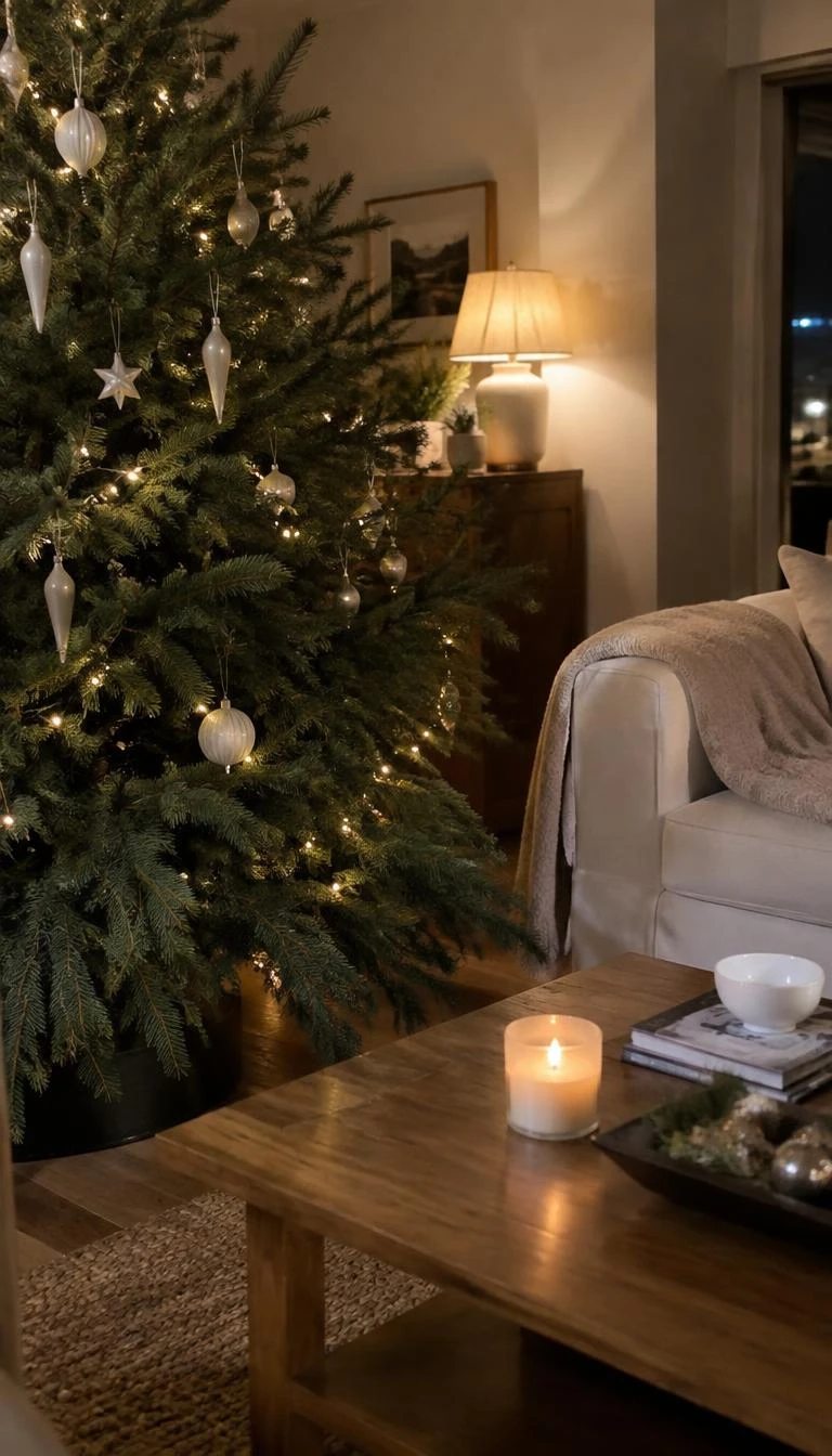 A candid, realistic iPhone photograph of a living room with a Christmas tree, featuring tapered white unglazed porcelain drop ornaments suspended deep inside the pine needles, soft ambient glow.