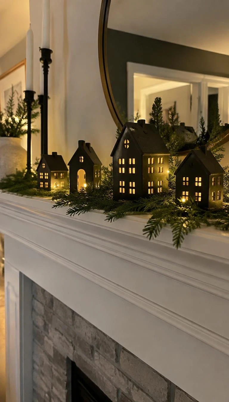 A candid, realistic iPhone photograph of a living room fireplace mantel styled with four small matte black ceramic houses, warm battery fairy lights glowing through miniature windows, accompanied by cedar clippings.