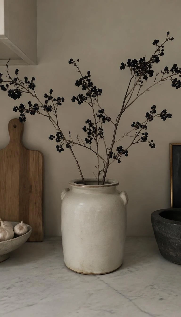 A candid, realistic iPhone photograph of a kitchen counter with an antique white stoneware crock holding three tall dark tallow berry branches with black berries against a quiet neutral wall.