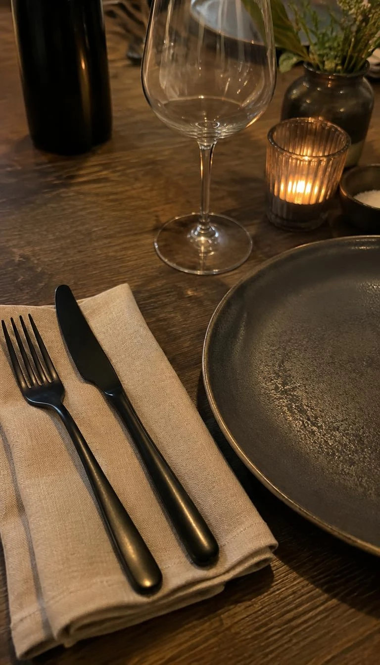 A candid, realistic iPhone photograph of an intimate dinner table place setting featuring matte black flatware on a folded linen napkin beside a dark rimmed ceramic dinner plate and clear wine glass.