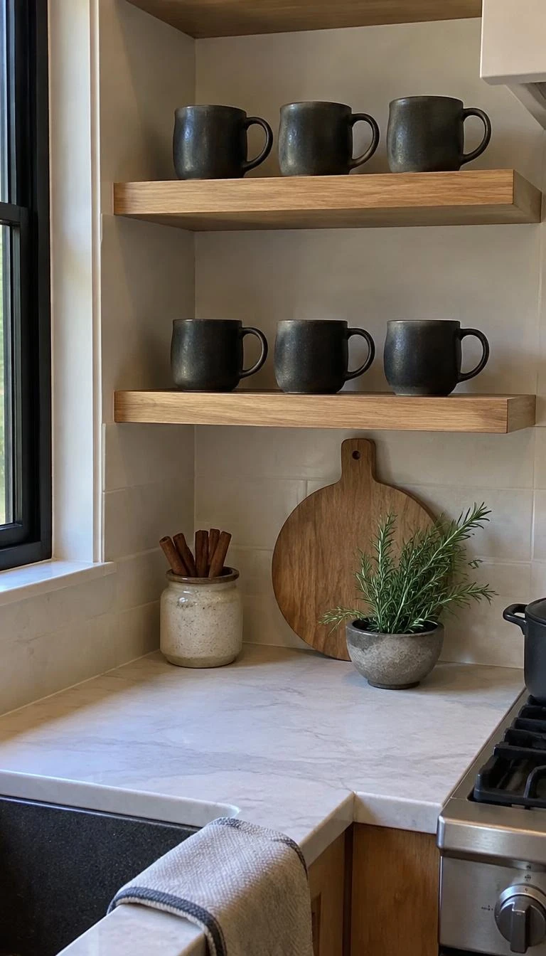 A candid, realistic iPhone photograph of a kitchen corner with open oak shelves holding six dark matte stoneware mugs, a small ceramic jar with cinnamon sticks, and a fresh rosemary branch.