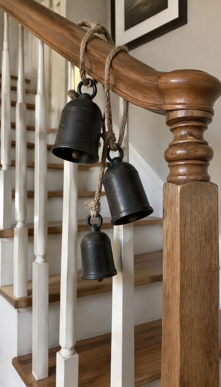 A candid, realistic iPhone photograph of a wooden staircase railing adorned with three hand forged black iron bells tied with natural jute string, hanging gracefully above wooden stairs.