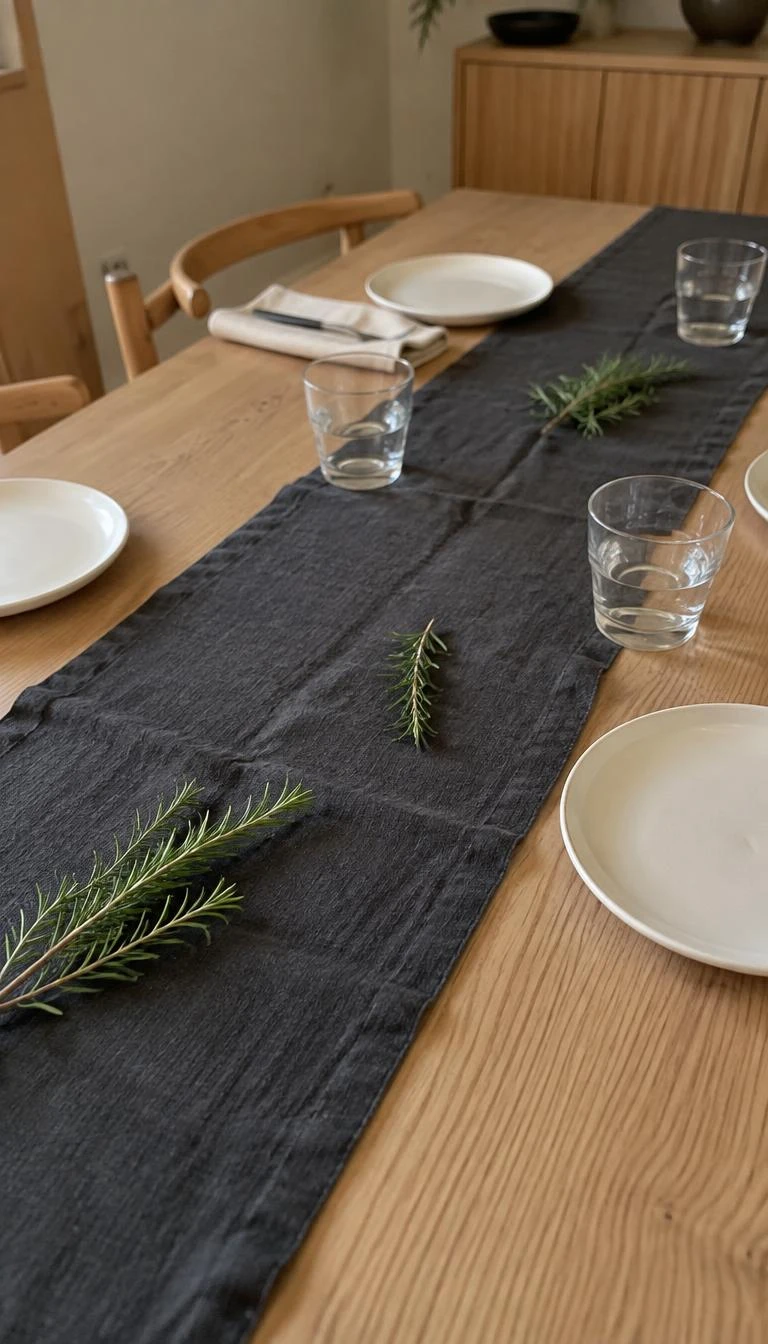 A candid, realistic iPhone photograph of a light oak dining table set with a wide washed black linen runner, small white ceramic plates, clear water glasses, and sparse sprigs of rosemary.