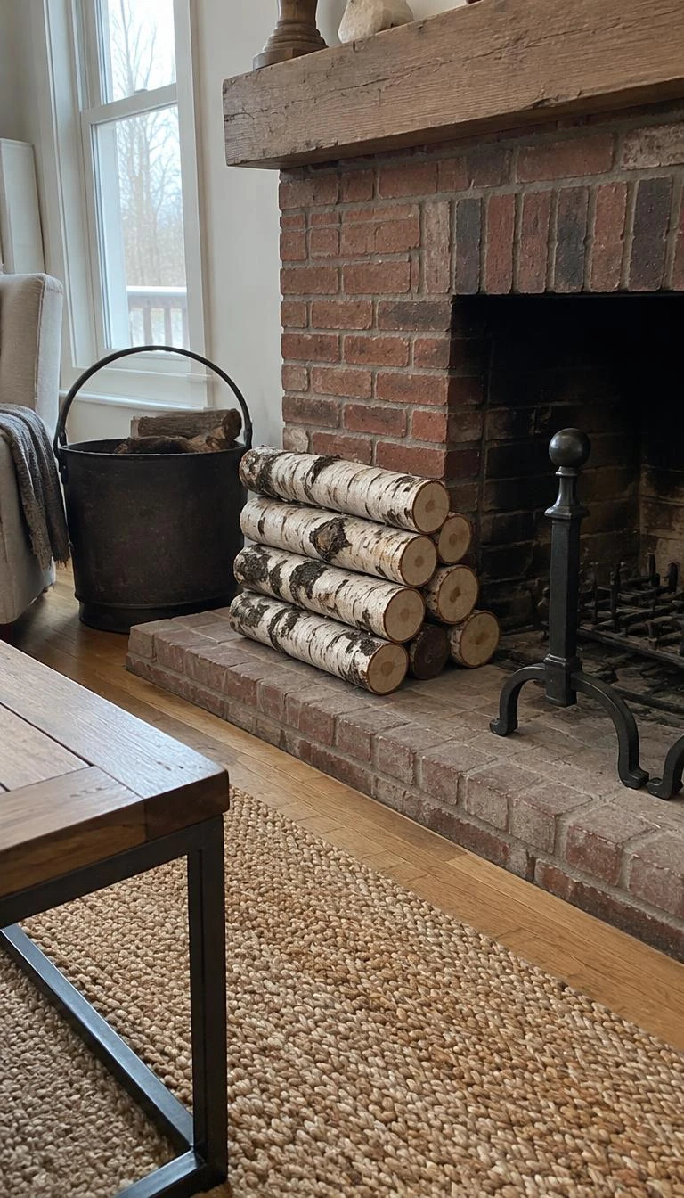 A candid, realistic iPhone photograph of a brick fireplace hearth stacked neatly with charred birch logs, beside a wrought iron log holder and a natural fiber rug in a quiet winter living room.
