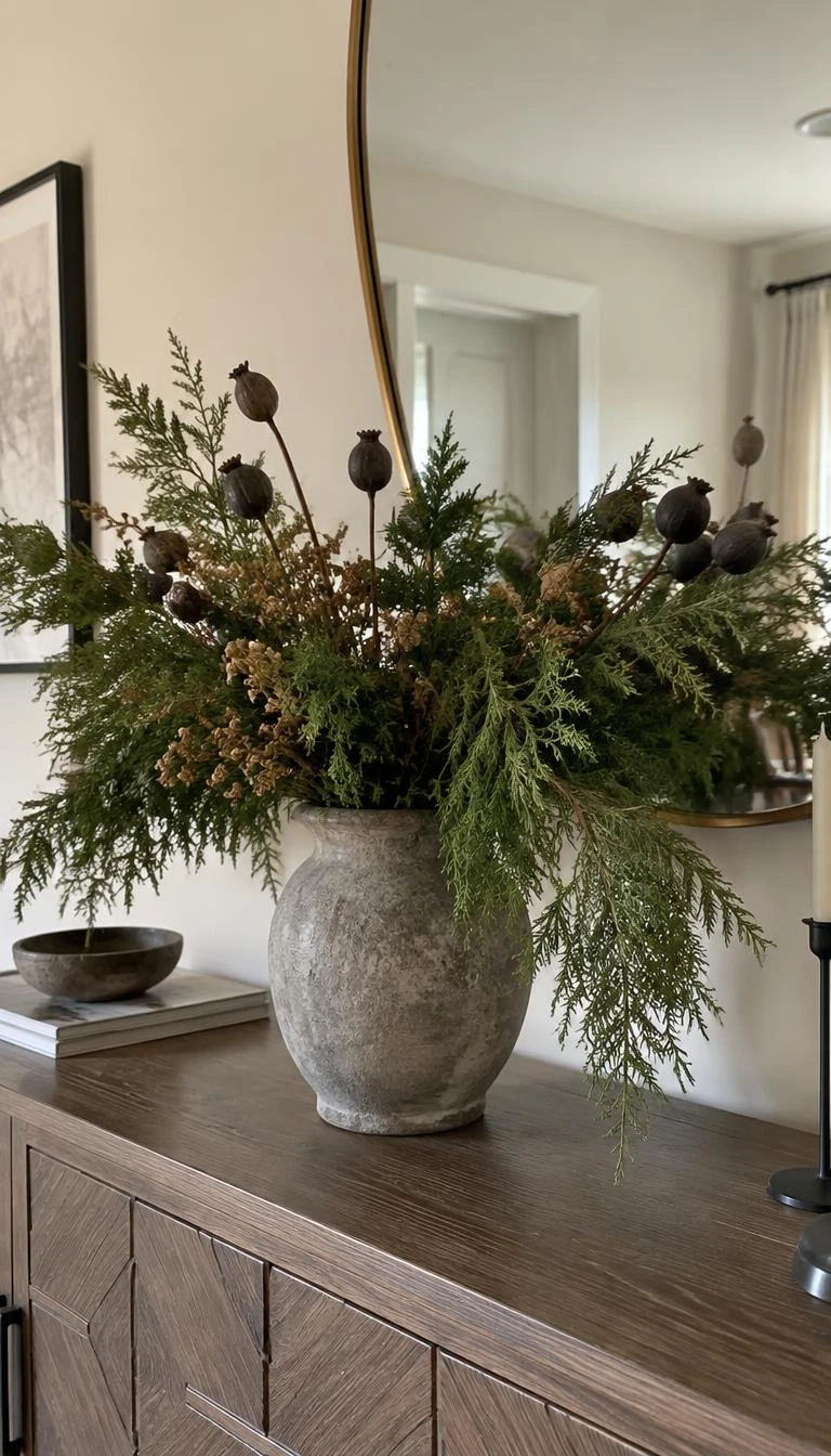 A candid, realistic iPhone photograph of a dining room console table arrangement showing fresh flat cedar branches in a stone vessel, accented with dark dried poppy pods and subtle seed heads.