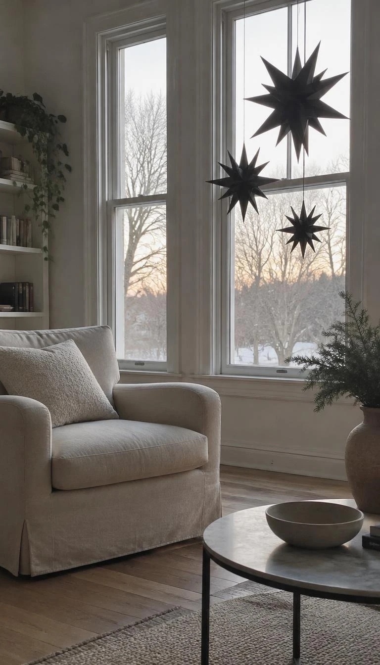 A candid, realistic iPhone photograph of a living room with tall double hung windows, displaying three suspended matte black three dimensional folded paper stars at staggered heights, backlit by pale winter morning light, minimalist hardwood floors, and a simple linen armchair.
