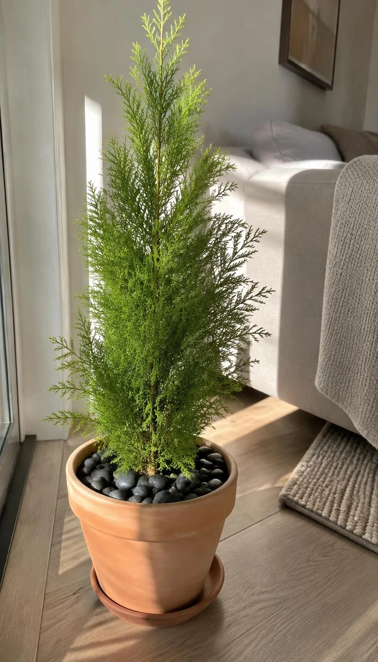 A candid, realistic iPhone photograph of a sunlit living room floor corner with a potted lemon cypress tree in a terracotta pot, smooth black obsidian river stones covering the soil base.